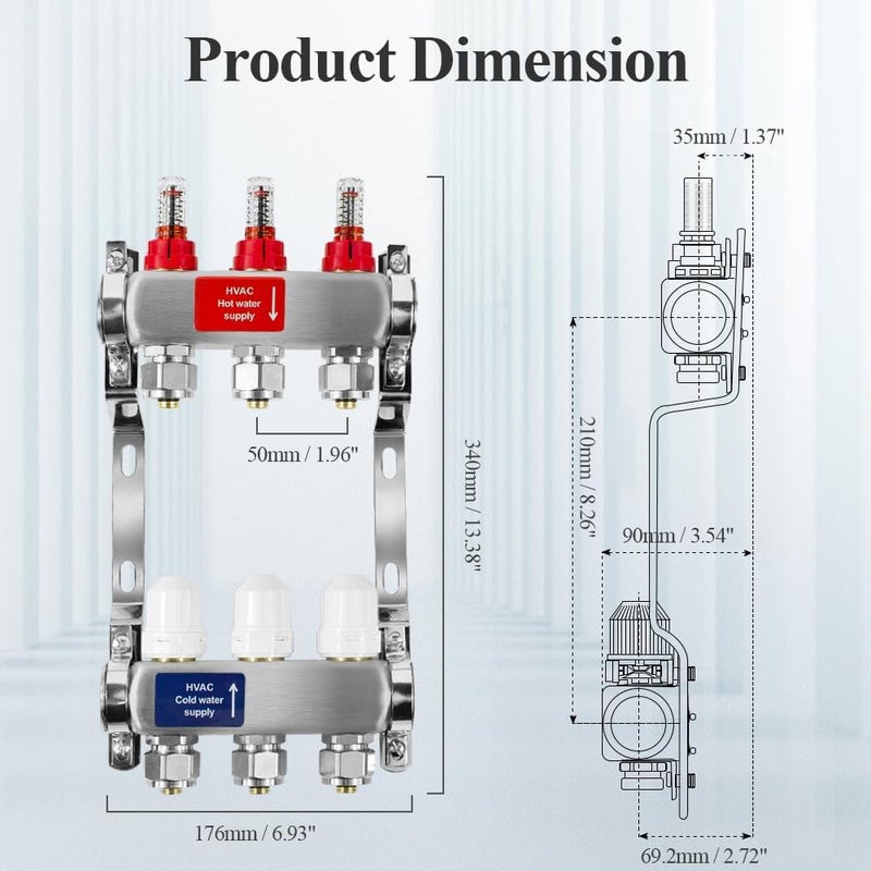 AB 3 Loop PEX/Radiant Manifold, 1/2 Inch Compatible Outlets, Up to 1.4 GPM Flow Valve for Hydronic Radiant Floor Heating(1/2" Connectors Included) - Image 4